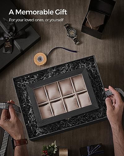 SONGMICS 8-Slot Watch Box, 2-Tier Watch Display Case with Large Glass Lid, Removable Pillows, Velvet Lining, Jewelry Box, Gift Idea, Ebony Black UJOW008B01 - color: Ebony Black, size: 2 Layer 8 Slot