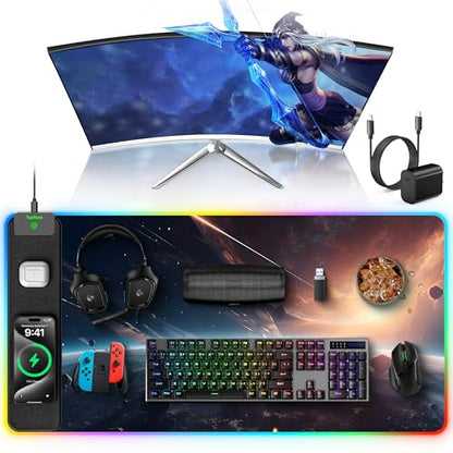 5-in-1 RGB Mouse Pad with 15W Wireless Charging, Keyboard Pad for Desk | 31.5” x 15.8” XXL Large Waterproof Mousepad Home Office Desk Pad, Includes 20W PD Adapter & 6.56ft Woven Cable - color: Upgraded Rgb - Cosmic Planet With Adapter