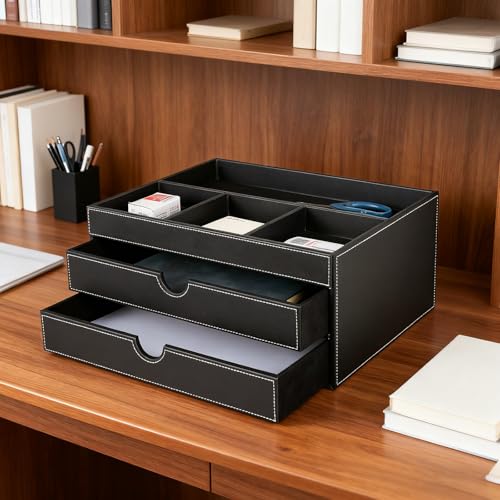 Home Multifunctional Bag Drawer Organizer, Leather Office Filing Cabinet with four Independent Organizers, and Storage Cabinet on the Bedside Table in the Guest Room - color: black