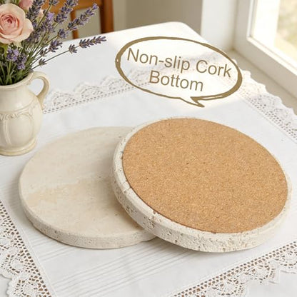 Natural Travertine Marble Coasters Set of 6-4" Round | Non-Slip Cork Backing, Festival Gifts, Wedding, Protect Tables from Stains & Scratches - size: Round 6 Pcs
