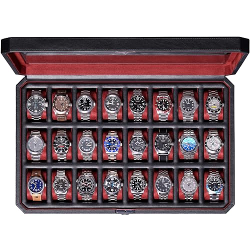 ROTHWELL 24 Slot Watch Case with Lock – Luxury Watch Box to Display and Organize Your Collection | Real Glass Top | Premium Storage for Collectors (Black/Red) - color: Black / Red