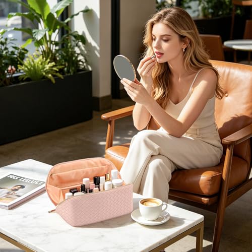 Travel Makeup Bag for Women, Waterproof Vegan Leather Cosmetic Bag, Large Capacity Pouch Open Toiletry Bag with Brush Compartment and Handle - color: B-Green