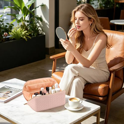 Travel Makeup Bag for Women, Waterproof Vegan Leather Cosmetic Bag, Large Capacity Pouch Open Toiletry Bag with Brush Compartment and Handle - color: B-Green