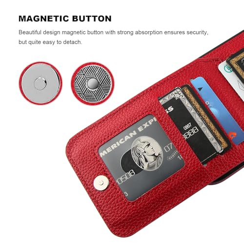 KIHUWEY for iPhone 17 Pro Max Wallet Case Card Holder Kickstand, Lichee Red | Credit Card Slots, PU Leather, Magnetic Clasp, Flip Heavy Duty Protection Cover for Men - color: Lichee Red