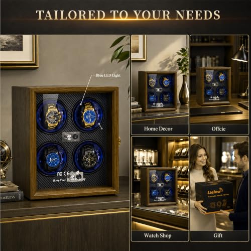 Watch Winder for Automatic Watches, Walnut 4 Slots Winding Watch Box with Japanese Quiet Motor & Blue LED for Rolex and Auto Watches, Wooden Rotating Watch Case Used for Storage, Display & Gift - size: 4 slots