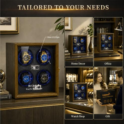 Watch Winder for Automatic Watches, Walnut 4 Slots Winding Watch Box with Japanese Quiet Motor & Blue LED for Rolex and Auto Watches, Wooden Rotating Watch Case Used for Storage, Display & Gift - size: 4 slots