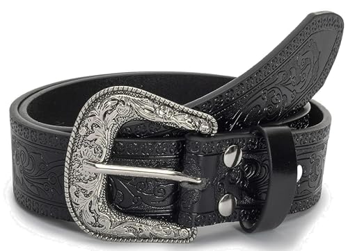 Adjustable Vintage Western-Belts for Women Men Engraved Buckle-Belts Cowboy-Cowgirl-Belt (Waist for 29"-39") - color: Black Western Belts