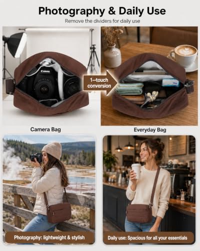 FHELAD Small Crossbody Bag for Women, Compact Puffer Camera Bag With Padded and Theft Zipper for Photographer, Travel (Coffee) - color: Coffee
