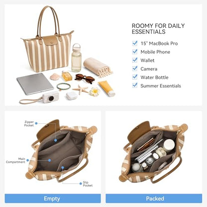 BOSTANTEN Structured Tote Handbag for Women Lightweight Summer Purse | Soft Flyknit or Straw Material, Quiet Luxury, Cute Design, Roomy, Reinforced Handle Strap, Vacation Travel Commute Everyday - color: Flyknit-khaki and Beige Striped