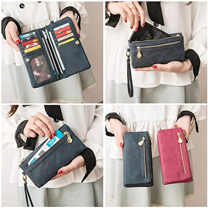 Aslana Soft Leather Long Wallet Wristlet with hand Strap Clutch Bag for Women Card holder Phone Bag (Black) - color: #01 Black