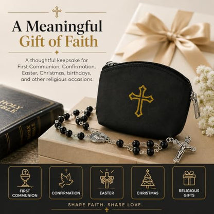 Black Rosary Pouch with Zipper & Gold St. Thomas Cross Imprint | Compact Leatherette Rosary Case for Small to Medium Rosaries | Protective Travel Rosary Holder for Men & Women - color: Black