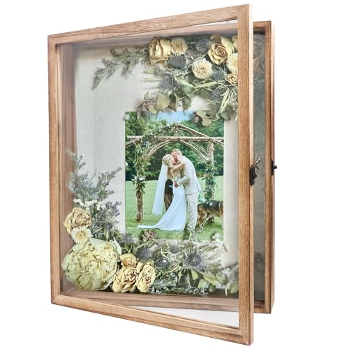 Large Shadow Box Frame 13x16 Display Case, Wood Wedding Bouquet Memory Box | Hinged Front Open Door with Tempered Glass, Linen Back with Pins for Pictures Keepsake, Interior Depth 1.5 inches for Flowers - color: Carbonized Black, size: 13"x16" (33x40 cm)
