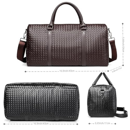 Leather Braided Pattern Travel Duffel Bag, Weekender Overnight Bag Waterproof Leather Carry On Travel Bag ，with Shoulder Straps Tote Duffel Bag, Brown, Travel Duffel (Brown) - color: Brown