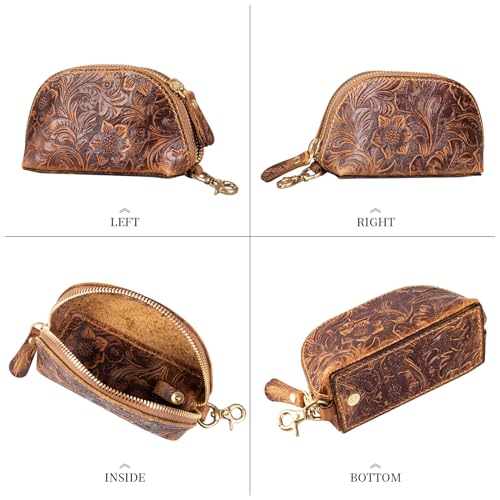 Gexmil Genuine Leather Coin Purse with Zipper, Mini Coin Pouch | Full Grain Leather Bag for Women Men,Change Wallet,Zipper Closure,Earbuds Chargers Cables,Floral Brown - color: Floral Brown