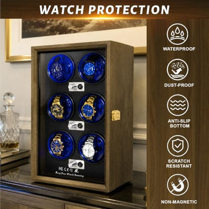 Watch Winder for Automatic Watches, Walnut 6 Slots Winding Watch Box with Japanese Blue LED & Quiet Motor for Rolex and Auto Watches, Wooden Rotating Watch Case Used for Display, Storage & Gift - size: 6 slots
