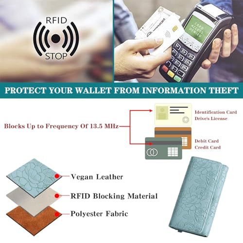 GAEKEAO Wallets for Women Vegan Leather RFID Blocking Card Holder Trifold Ladies Long Purse Wristlet Clutch with 3 ID Windows - color: Blue