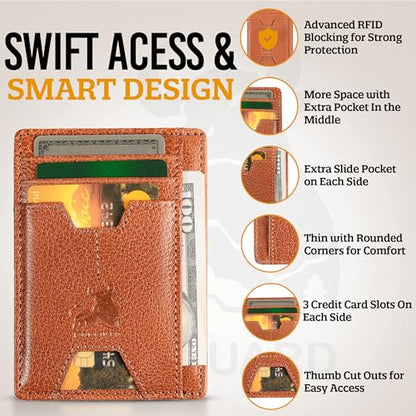 BULL GUARD Mens RFID Blocking Leather Slim Card Case Wallet with Easy Access ID windows, Cash & Card Slots, Crafted with Premium Top Grain Leather Ideal for Travel or Everyday Use (Wild Buffalo Brown) - color: Wild Buffalo Brown