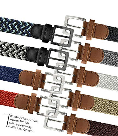 Belts.com Men's Gray Braided Elastic Stretch Belt 1-3/8" Wide Canvas Fabric Woven Casual Belt With Prong Buckle - color: Black/Gray/White, size: X-Large (for waist 39"-41")