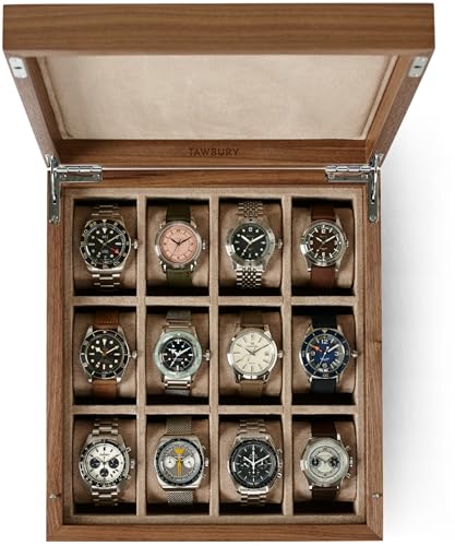 TAWBURY Wooden Watch Case - 12 Slot Wood Watch Box for Men & Women with Protective Fully Lined Interior and 2-inch Wide Pillows for Small & Large Watches (Classic Walnut) - size: 12 Slot with Solid Lid - Classic Walnut