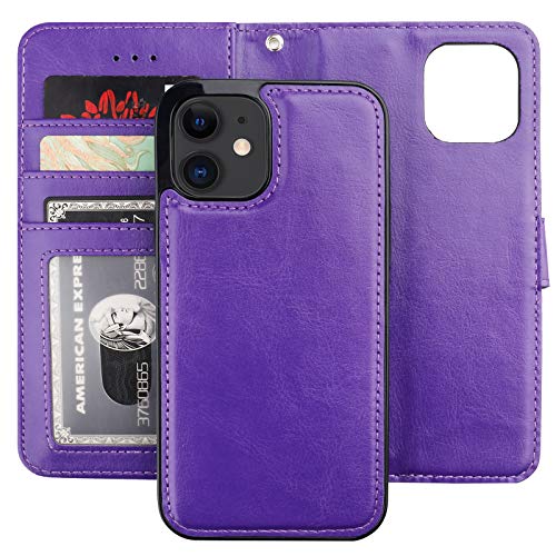 Bocasal Detachable Wallet Case Card Holder for iPhone 12/12 Pro, Purple | Kickstand Card Slots Holder PU Leather Magnetic Shockproof Wrist Strap Removable Flip Protective Cover 6.1 inch - color: Purple