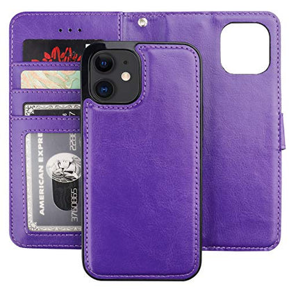 Bocasal Detachable Wallet Case Card Holder for iPhone 12/12 Pro, Purple | Kickstand Card Slots Holder PU Leather Magnetic Shockproof Wrist Strap Removable Flip Protective Cover 6.1 inch - color: Purple