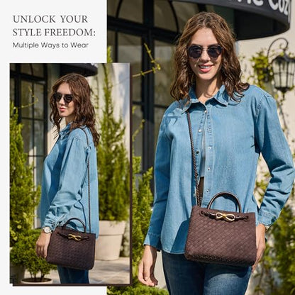 Woven Tote Bag for Women Leather Shoulder Handbag Designer Top Handle Purses - color: B-khaki