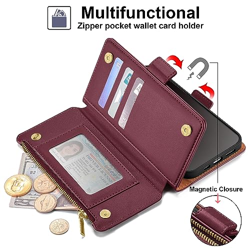 Antsturdy for iPhone 15 Pro Phone Wallet Case Women,Wine Red | RFID Blocking,with Credit Card Holder Slots,PU Leather Purse,Zipper Pocket,Wrist Strap Kickstand,Flip Folio Cover for Men - color: Wine Red