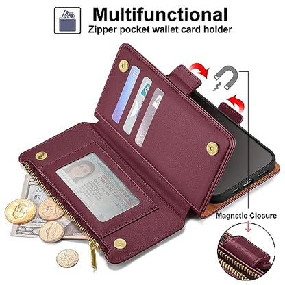 Antsturdy for iPhone 15 Pro Phone Wallet Case Women,Wine Red | RFID Blocking,with Credit Card Holder Slots,PU Leather Purse,Zipper Pocket,Wrist Strap Kickstand,Flip Folio Cover for Men - color: Wine Red