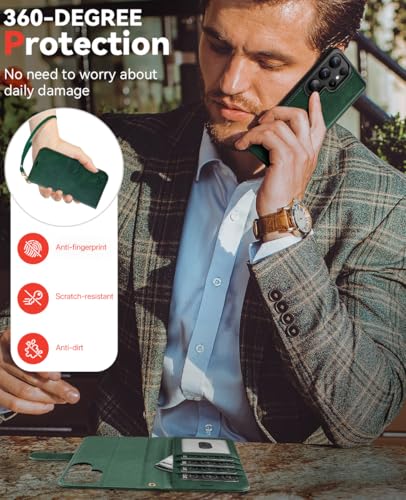 OCASE for Samsung Galaxy S25 Ultra Detachable Wallet Case, Blackish Green | 2-in-1, Card Holder, RFID Blocking, Stand, Wrist Strap, Shockproof, Wireless Charging, Magnetic, PU Leather Flip Phone Cover - color: Blackish Green, size: Samsung Galaxy S25 Ultr