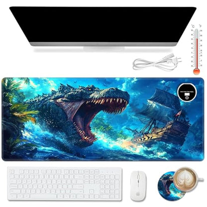 Warm Desk Pad,Heated Desk Pad,Office Mat,3 Heating Levels & 3 Hours Auto Shut-Off,31.5"*13" Gaming Mouse Laptop Keyboard Leather Desk Mat,Blue Dinosaur Ocean - color: Blue Dinosaur Ocean, size: 31.5 × 13 inch(80cm × 33cm)