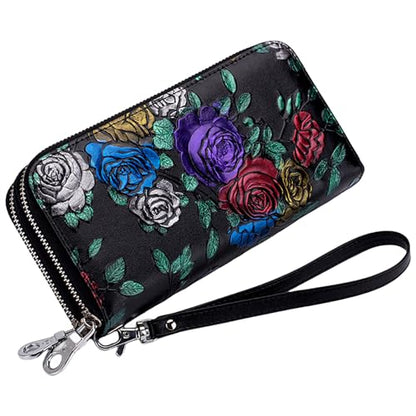 Wallets for Women Wristlet RFID Blocking Genuine Leather Double Zipper Credit Card Holder Large Ladies Clutch Purse - color: X1-golden Rose