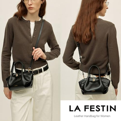 LA FESTIN Handbags for Women Genuine Leather Small Top Handle Tote Travel | Split Leather, Top Handle, Adjustable Strap, Attached Cosmetic Pouch, Magnetic Snap, Easy to Carry, Daily Use - color: Black