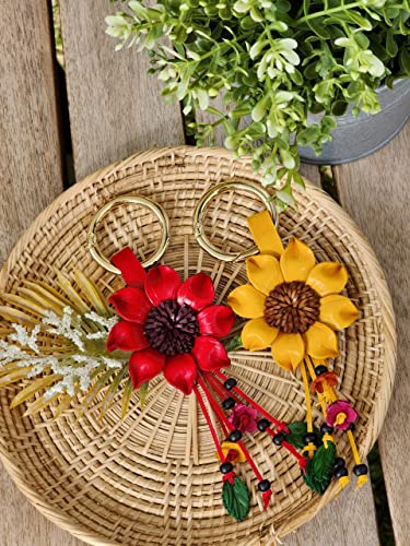 Flower Keyring Keychain Hand Made Leather Key Organizer Handbag Purse Tassels Charms Bag Accessories Handcraft Gifts - color: Sunflower Red