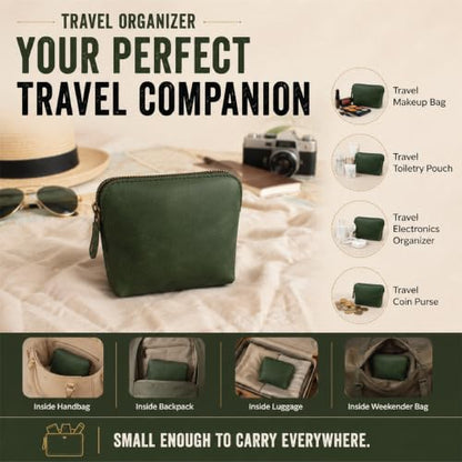 Full Grain Leather Cosmetic Bag – Zippered Makeup Pouch for Women, Small Travel Toiletry & Organizer Pouch for Purse, Premium Handmade Leather (5 × 4 × 2.5 in) - color: Green