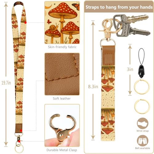 bolimoss Mushroom Lanyards for ID Badge RFID Cute Lanyard Wallet with Badge Holder, PU Leather Small Keychain Wallet with Zipper Pouch Breakaway Wrist Neck Strap - color: Mushroom