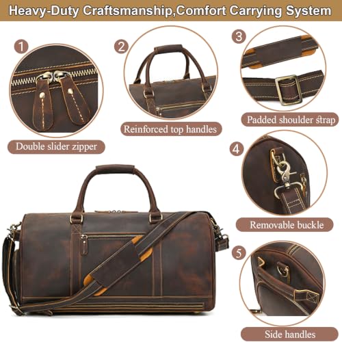 Genuine Leather Weekender Duffel Bag with Separate Shoe Compartment Carry On Travel Overnight Gym Bag, Coffee Brown