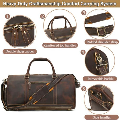 Genuine Leather Weekender Duffel Bag with Separate Shoe Compartment Carry On Travel Overnight Gym Bag, Coffee Brown