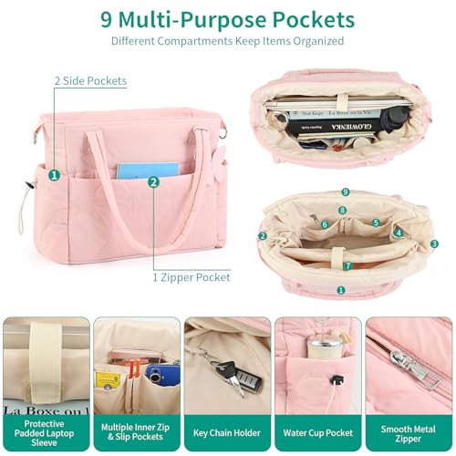 Puffer Tote Bag for Women, Lightweight Quilted Puffy Work Handbag with Zipper & Water Bottle Pocket for Teacher, Office - color: Pink