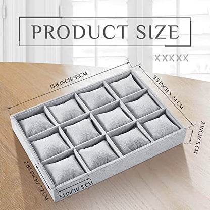 Henoyso 2 Pieces 12 Grid Velvet Watch Tray Jewelry Organizer Stackable Watch Bracelet Bangle Display Holder Adjustable Pillow (Gray) - color: Gray, size: 12 Grid