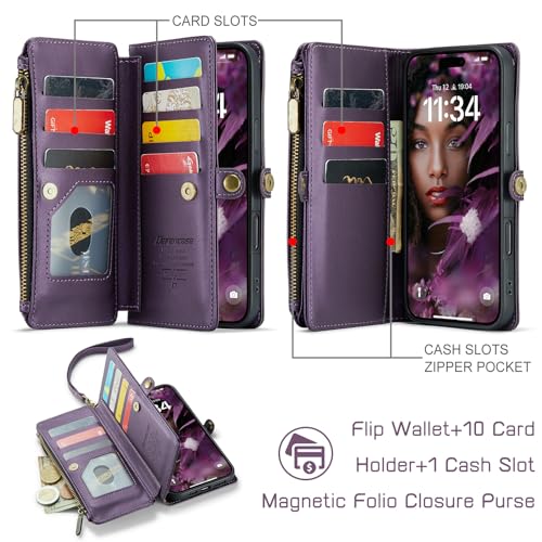 Defencase for iPhone 16 Pro Max Wallet Case with RFID Card Holder, Purple | Durable Soft PU Leather, with Zipper Pocket, Wrist Strap, Fashion Snap Flip Phone Cases Cover with Stand for Women and Men - color: Purple
