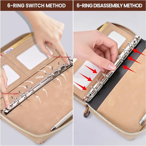 A6 Binder Zipper Budget, Planner for Travel & Study | Faux leather A6 organizer with zipper, cash pouches, lined pages, card slots and pen holder for budgeting. - color: Brown