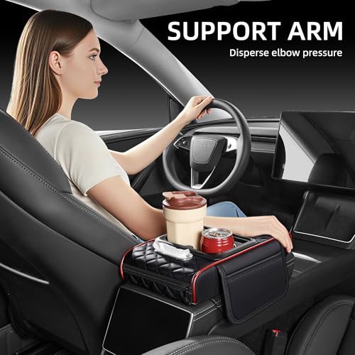 5 in 1 Nappa Leather Console Armrest Cover, Black Red Stitch | Built-in cup holder, tissue slot, phone holder & 2 storage pockets, practical car accessories fit SUV sedan truck - color: Black with Red Stitching