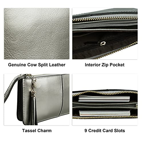 befen Genuine Leather Wristlet Clutch for Women Ultra-Slim Ladies Credit Card Holder Wallet Purses with RFID Protection - color: Warm Silver