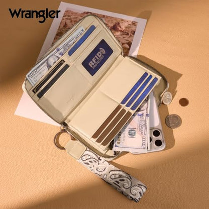 Montana West Wrangler Western Paisley Wristlet Wallet for Women, PU Leather Zip Around Card Holder Clutch with RFID Blocking & Coin Pocket - color: Tan