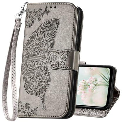 for Samsung Galaxy A17 5G Phone Case Wallet,Gray | Butterfly Embossed PU Leather, Credit Card Holders, Wrist Strap, Magnetic Closure, Flip Protective Purse Cover for Women Men - color: Gray