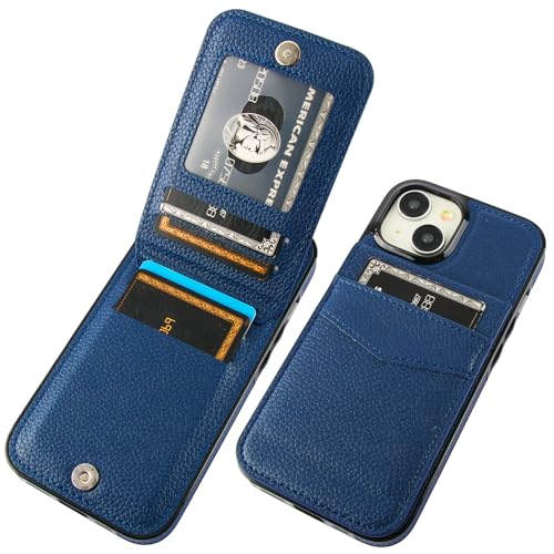 KIHUWEY for iPhone 15 Wallet Case Card Holder Kickstand, Lichee Blue | Credit Card Slots, PU Leather, Magnetic Clasp, Flip Heavy Duty Protection Cover for Men and Women - color: Lichee Blue