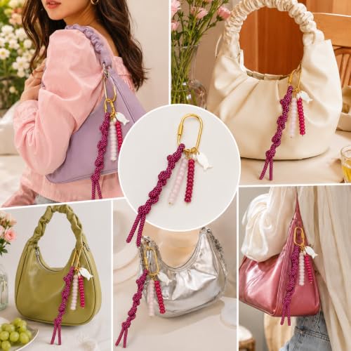 Handmade Colorful Beaded Bag Charm Keychain with Brass Key Rings for Purses - color: Raspberry Pink