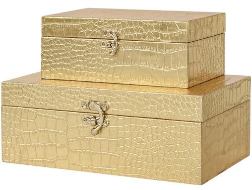 Set of 2 Wooden Decorative Nesting Storage Boxes, Gold Crocodile Leather with Clasp for Home Kitchen Living Room, Ideal Gift for Wedding Memories Jewelry Trinket - color: Gold