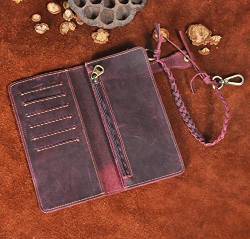Le'aokuu Mens Genuine Leather Bifold Wallet Organizer Checkbook Removable Chain Wallet - color: E Wine