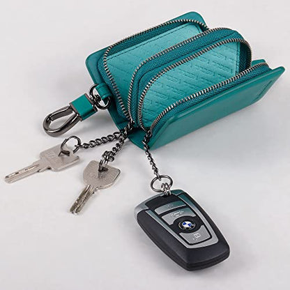 VISOUL Car Key Case Holder Double Zipper, Leather Car Smart Key Fob Case with Keychain for Men and Women - color: Lake Blue
